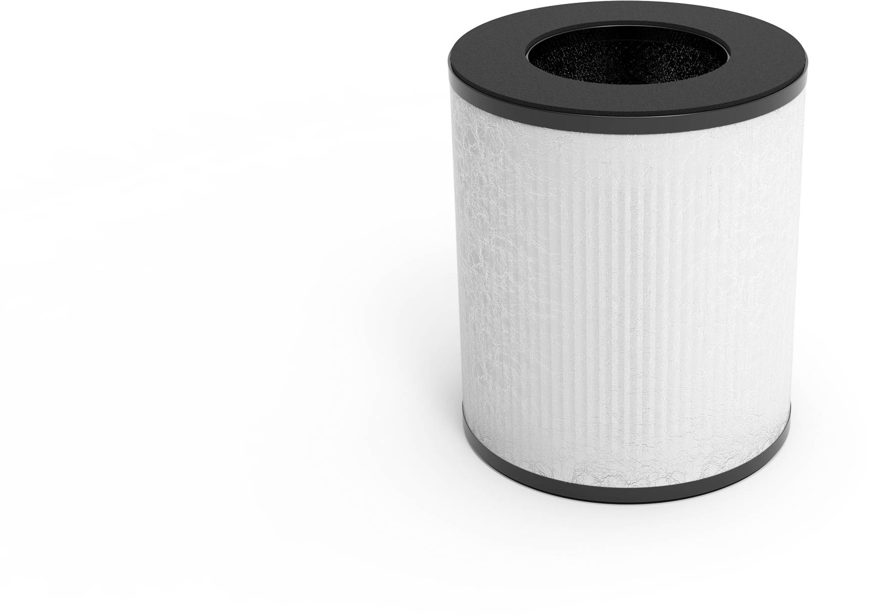 Ein zylindrischer Luftfilter mit schwarzer Ober- und Unterseite, umgeben von einem weißen, wellenförmigen Material.
