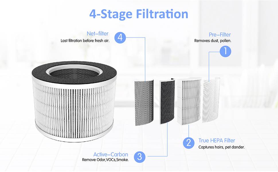 '4-stufige Filtration' Diagramm zeigt Net-Filter, Vorfilter, True HEPA und Aktivkohle zur Entfernung von Staub, Gerüchen und Partikeln.