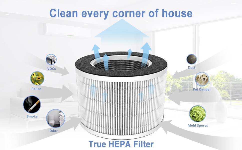 Luftreiniger mit 'True HEPA Filter' im modernen Wohnzimmer. Pfeile zeigen Filterprozess gegen Verschmutzungen wie Staub und Pollen.