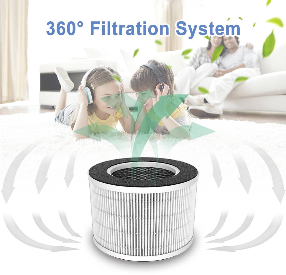 Luftreinigerfilter mit 360°-Filtrationssystem. Im Hintergrund hören zwei Kinder mit Kopfhörern Musik, während ein Paar entspannt.