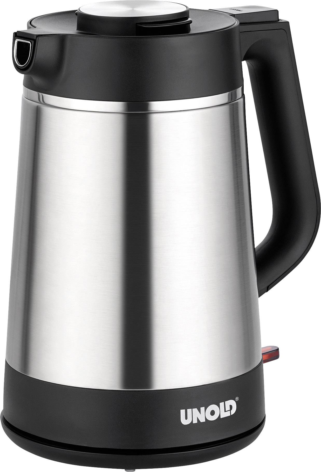 Thermoskanne aus Edelstahl mit schwarzem Kunststoffgriff und Deckel. Markenname 'UNOLD' am Boden.