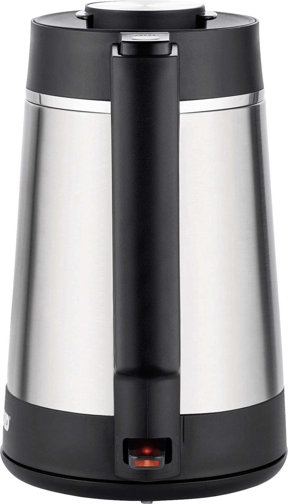 Eine thermische Kaffeekanne aus Edelstahl mit schwarzem Griff und Deckel. Eine rote Anzeige befindet sich am unteren Ende.