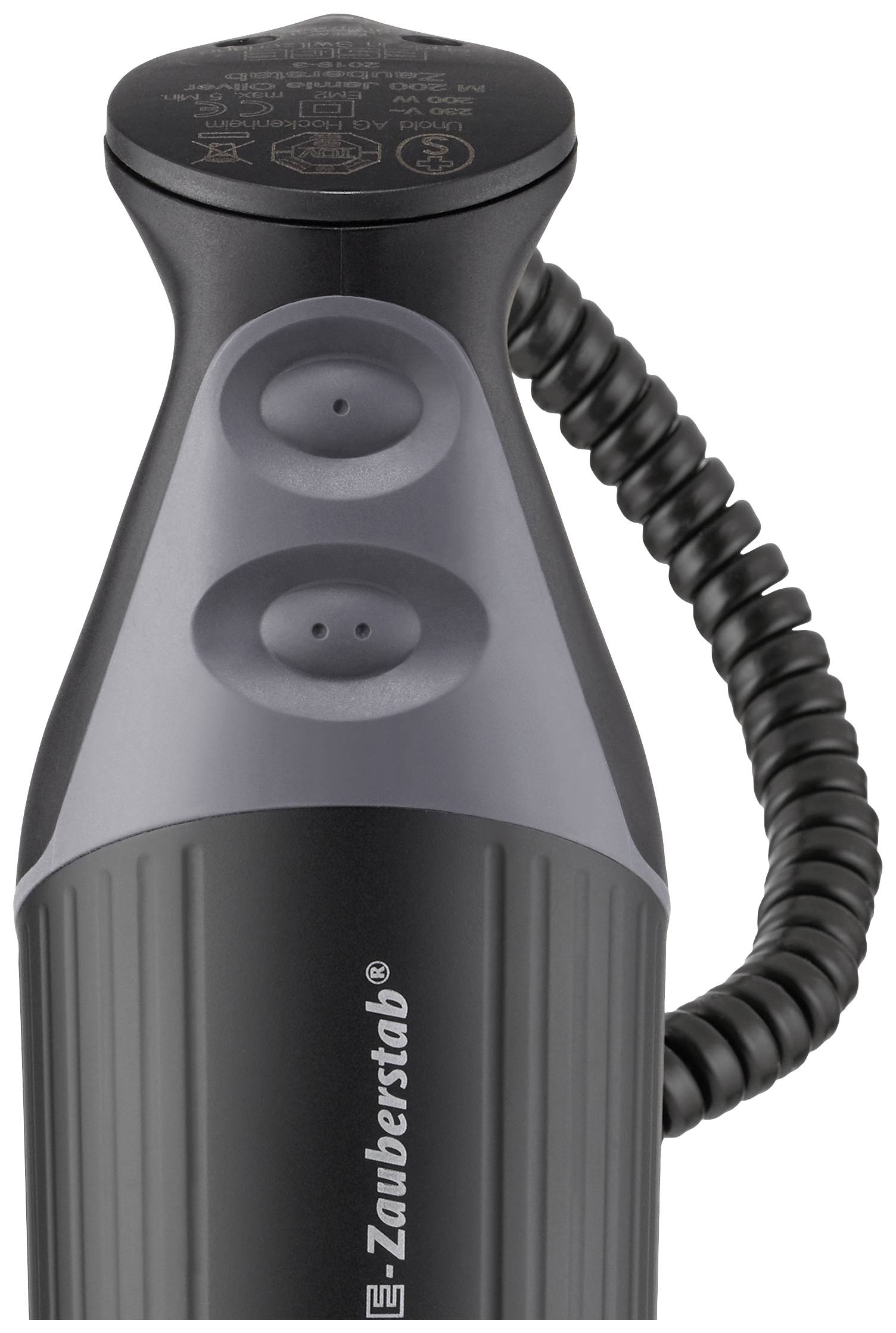 Stabmixer mit schwarzem Griff und grauen Bedientasten, Kabel spiralförmig. Markenzeichen 'Zauberstab' sichtbar.