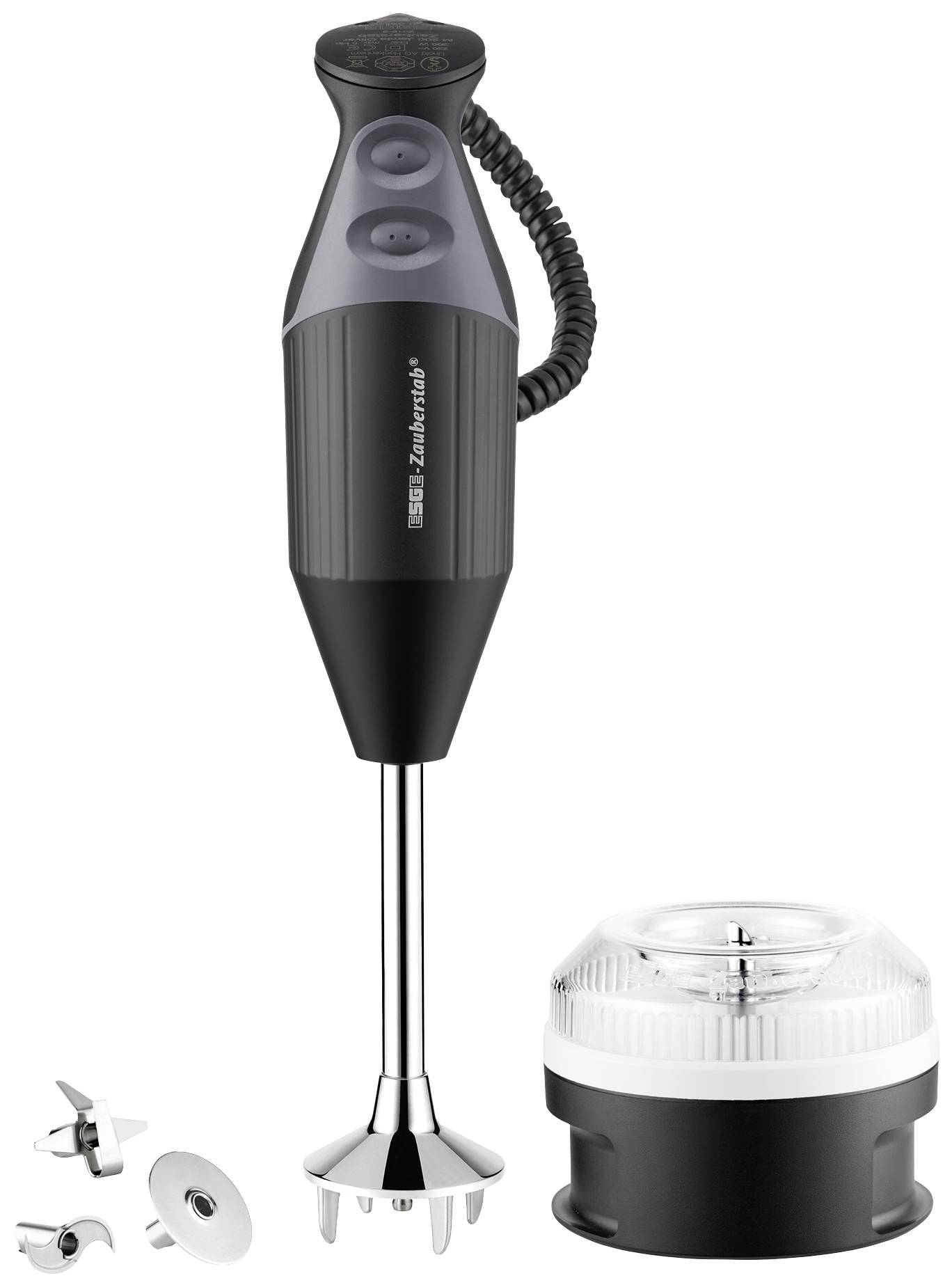 Ein schwarzer Stabmixer mit verschiedenen Aufsätzen und einem Behälter, geeignet für die Zubereitung von Speisen.
