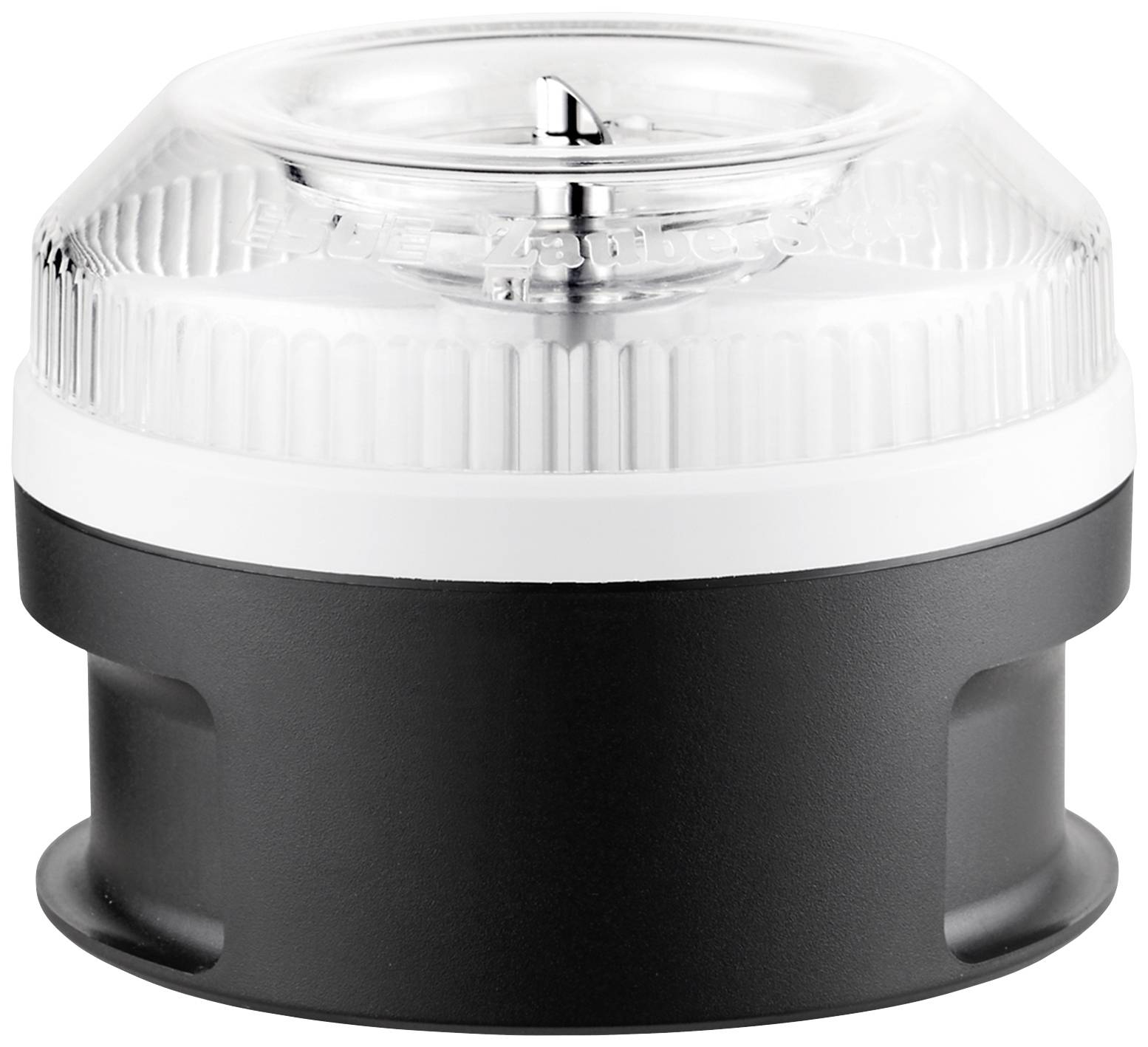 Deckel eines Küchengeräts mit transparentem Oberteil und schwarzem Boden, zum Schutz oder Mixen von Lebensmitteln.