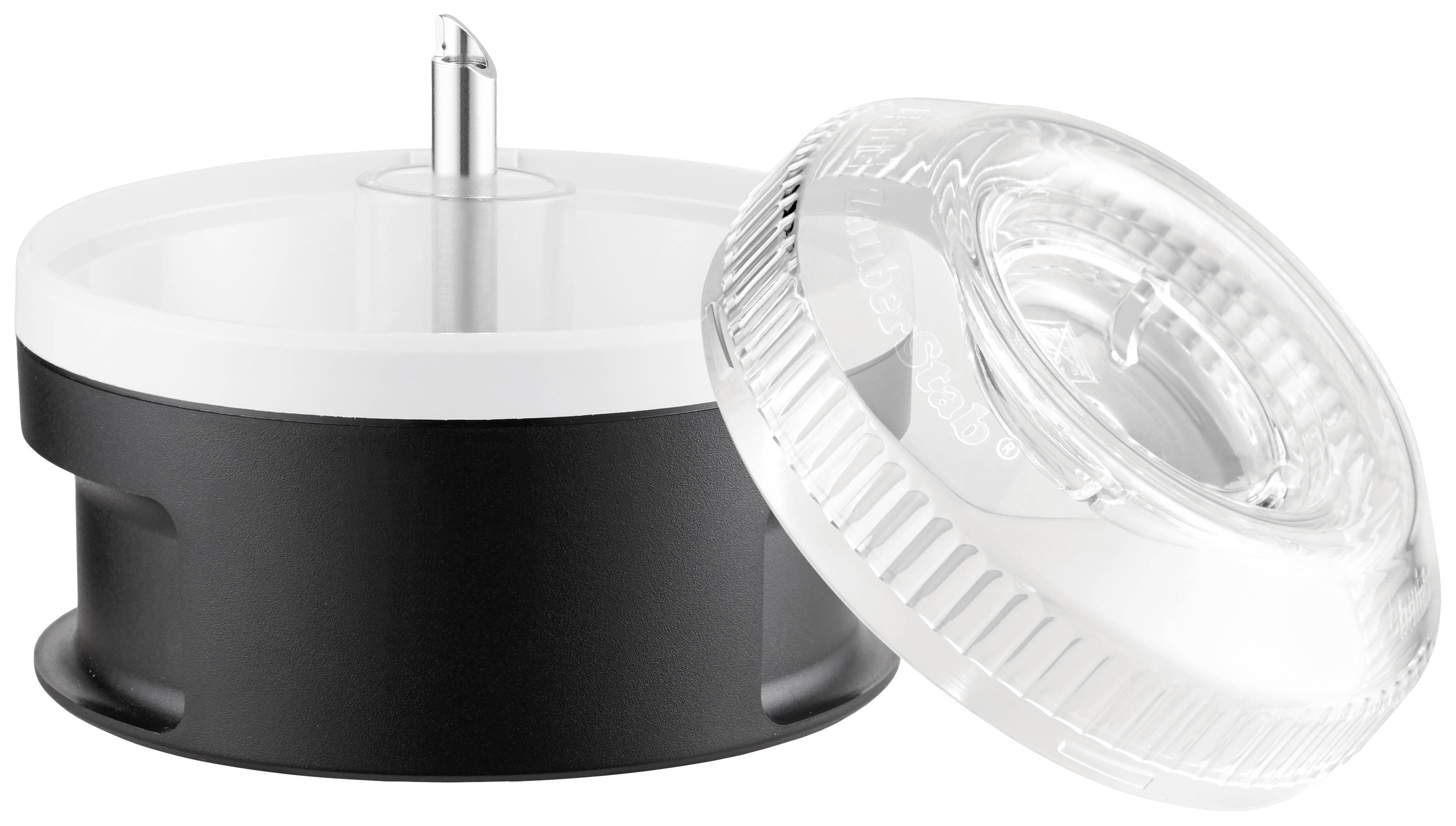 Behälter mit schwarzem Boden, transparenter Deckel daneben. Förmig ähnlich einem Kaffeemahlwerk.