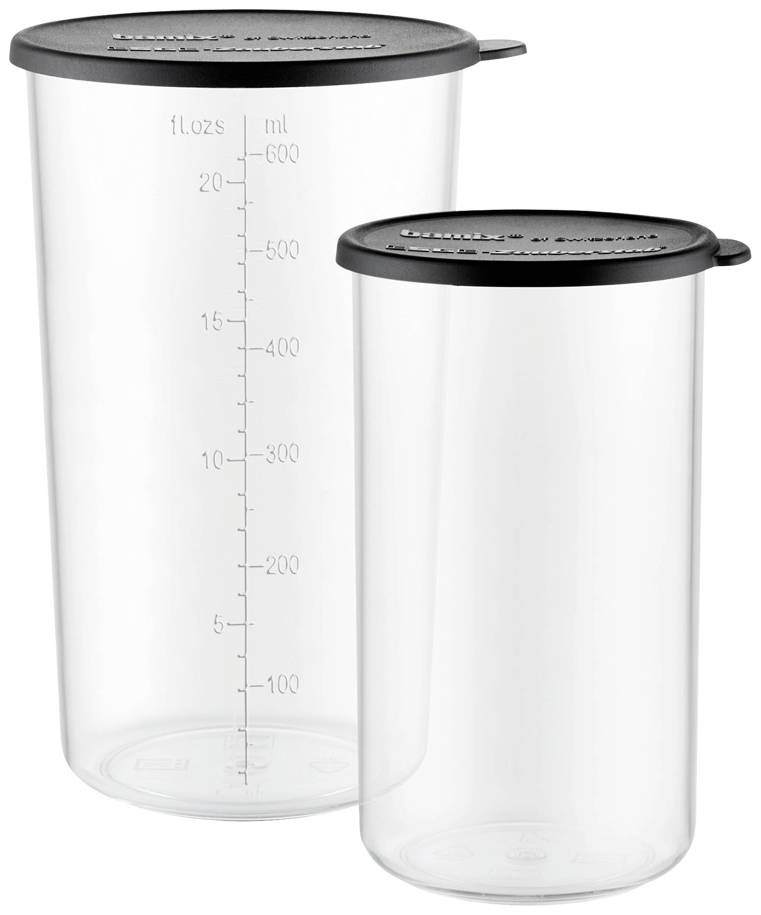 Zwei durchsichtige Kunststoffbehälter mit schwarzen Deckeln, auf denen Maßeinheiten in Millilitern und Flüssigunzen aufgedruckt sind.
