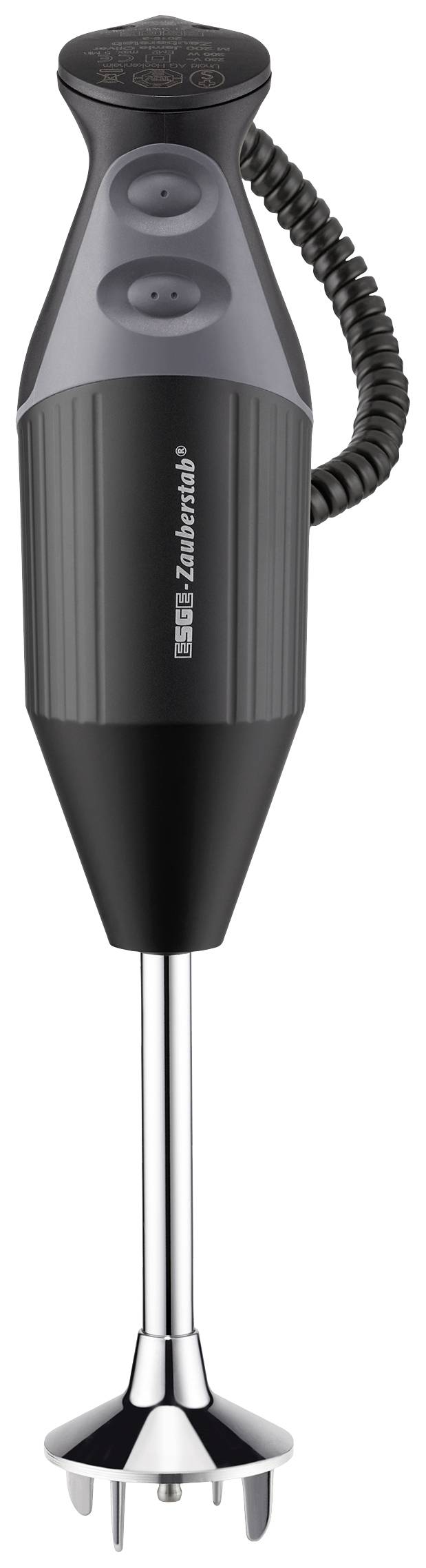 Schwarzer Stabmixer mit ergonomischem Griff und abnehmbarem Edelstahlaufsatz, geeignet zum Mixen und Pürieren von Lebensmitteln.