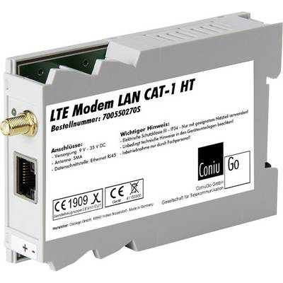 Ein graues LTE-Modem mit LAN-Anschluss, CAT-1 HT-Modell. Etikett enthält technische Infos wie Anschluss, Spannungsversorgung und Herstellername.