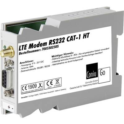 LTE-Modem RS232 CAT-1 HT mit Anschlüssen für Strom und Datenübertragung. Produktnummer 7005502505, wichtiger Hinweis zur Netzwerkverbindung.