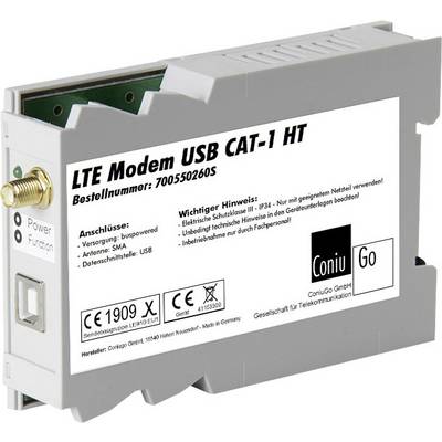 'LTE Modem USB CAT-1 HT' mit Anschlussdetails und Sicherheitswarnung. Hersteller: ConiuGo GmbH. Hauptansicht des Geräts.