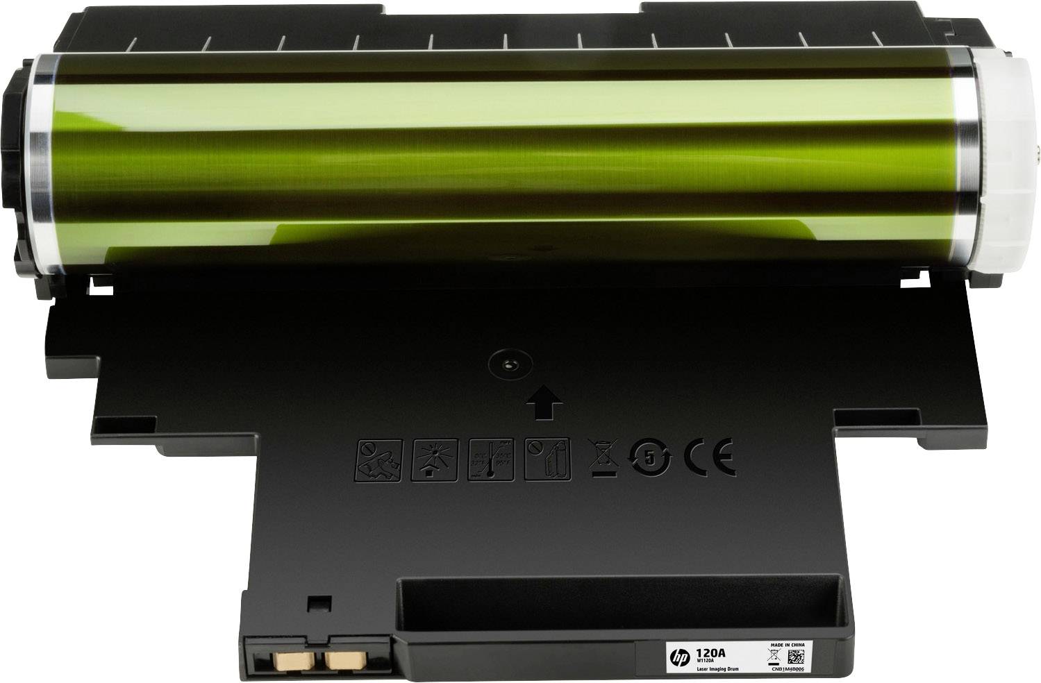 Toner- und Bildtrommel-Modul, Modell 'HP 120A', in Schwarz mit grünlichem Zylinder. Geeignet für Laserdrucker, zeigt Warnsymbole und Kennzeichnungen.