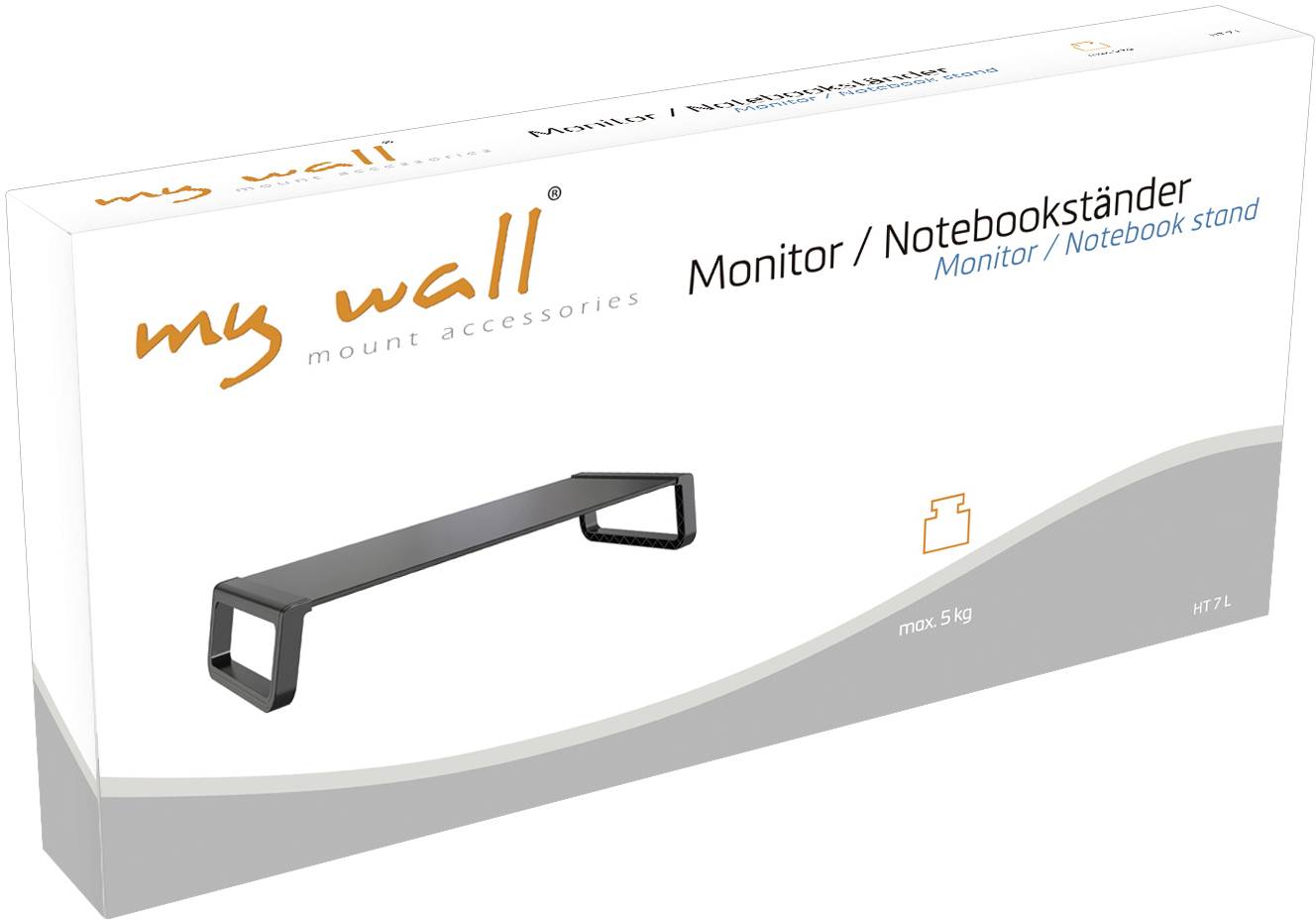 'Monitor/Notebookständer' Verpackung von 'my wall'. Zeigt ein schwarzes Ständer-Design, geeignet für Monitore oder Notebooks bis maximal 5 kg.