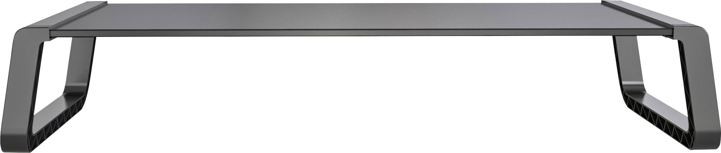 Ein schwarzer Monitorständer aus Metall, rechteckig mit einem modernen Design. Eignet sich zur Erhöhung von Bildschirmen auf dem Schreibtisch.