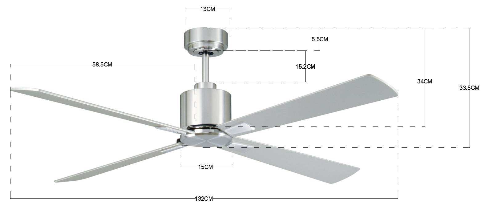 Deckenventilator mit vier silbernen Flügeln. Gesamtdurchmesser 132 cm, Höhe 34 cm. Detaillierte Maßangaben der Komponenten.