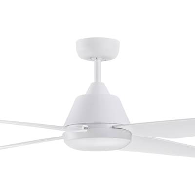 Ein moderner, weißer Deckenventilator mit vier flachen Flügeln, geeignet für eine stilvolle und funktionale Raumkühlung.