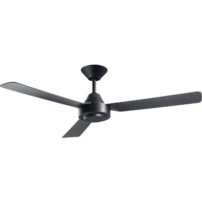 Schwarzer Deckenventilator mit drei Flügeln, montiert an der Decke. Geeignet zur Luftzirkulation in Innenräumen.