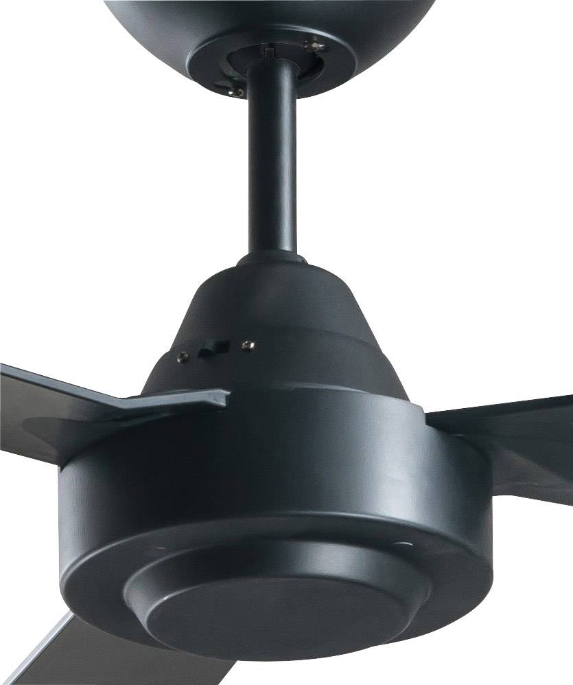 'Schwarzer Deckenventilator mit drei Klingen, montiert an einer Decke. Moderne und schlichte Ästhetik.'