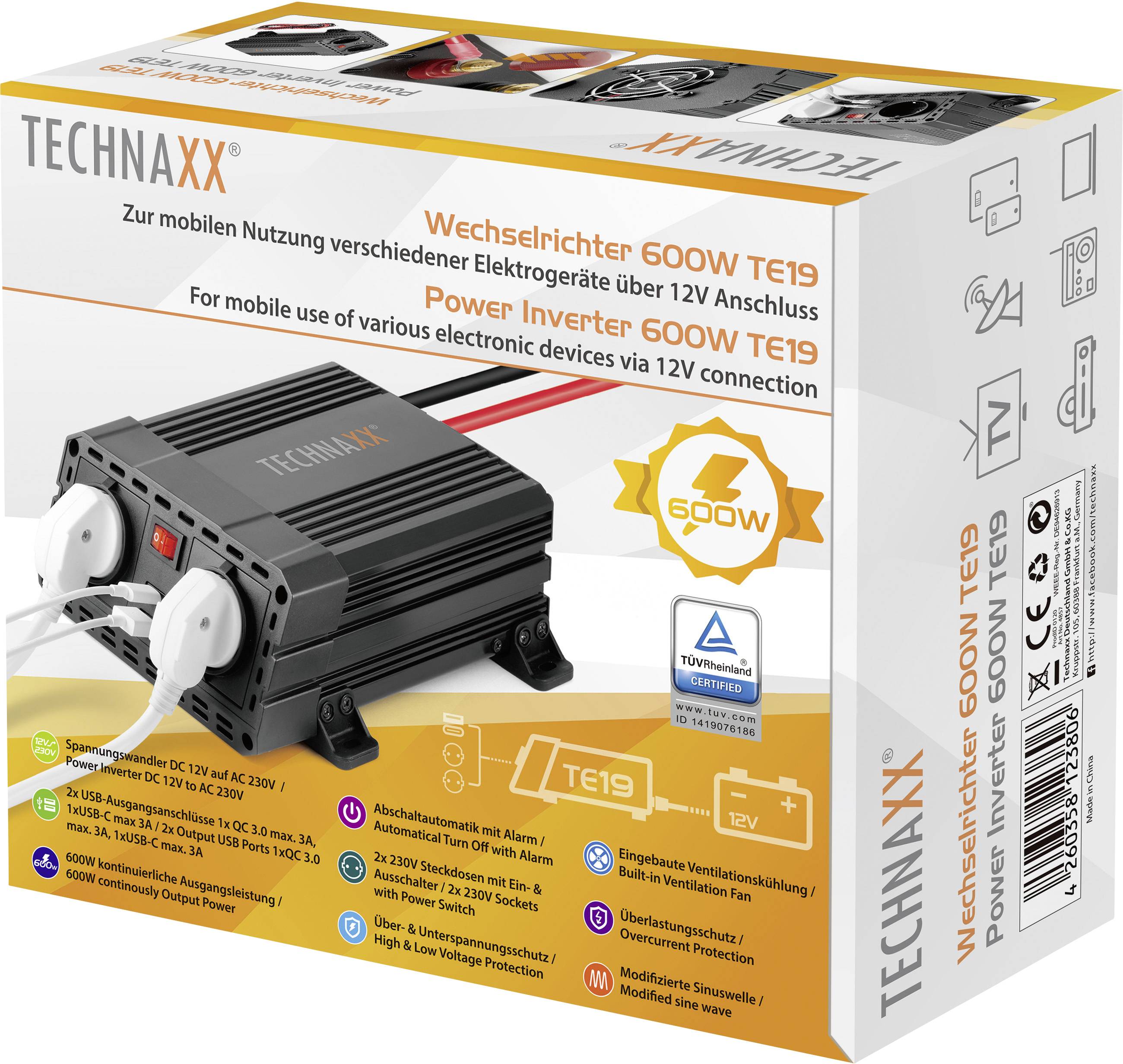 'TECHNAXX Wechselrichter 600W TE19' Verpackung mit Abbildung des Produkts, Anschlusskabeln und Anwendungsikonen. Geeignet für 12V Geräte.