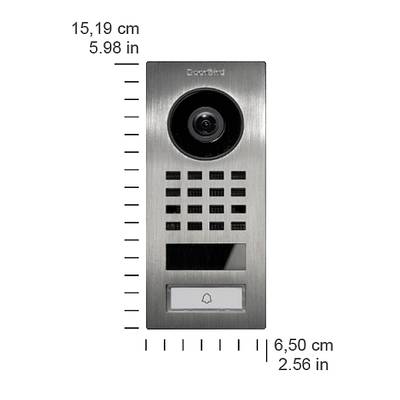 Gegensprechanlage in Edelstahl-Optik mit Kamera und einem Klingelknopf. Maße: 15,19 cm x 6,50 cm.