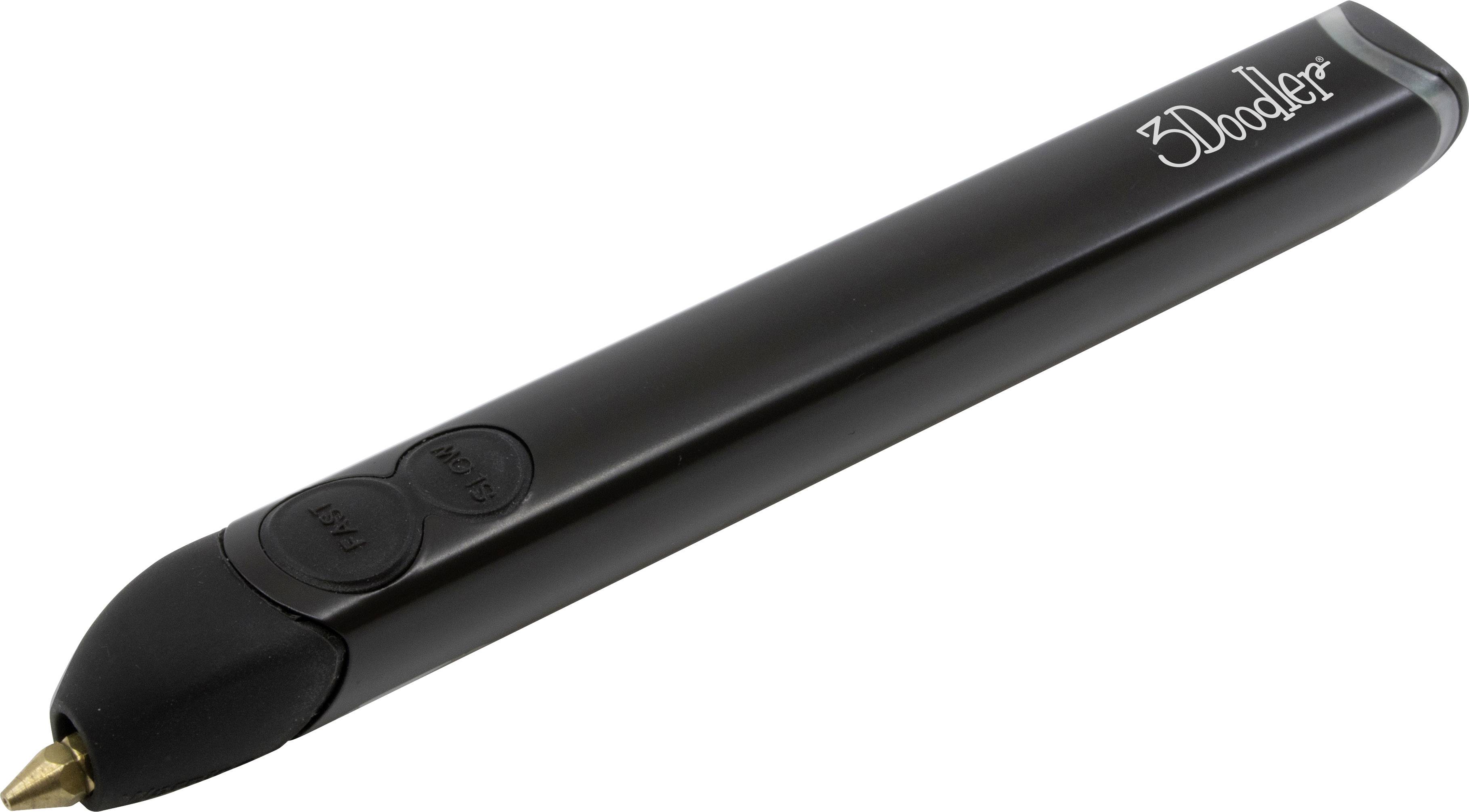 Ein schwarzer 3D-Druckstift mit der Aufschrift '3Doodler' ist diagonal abgebildet.