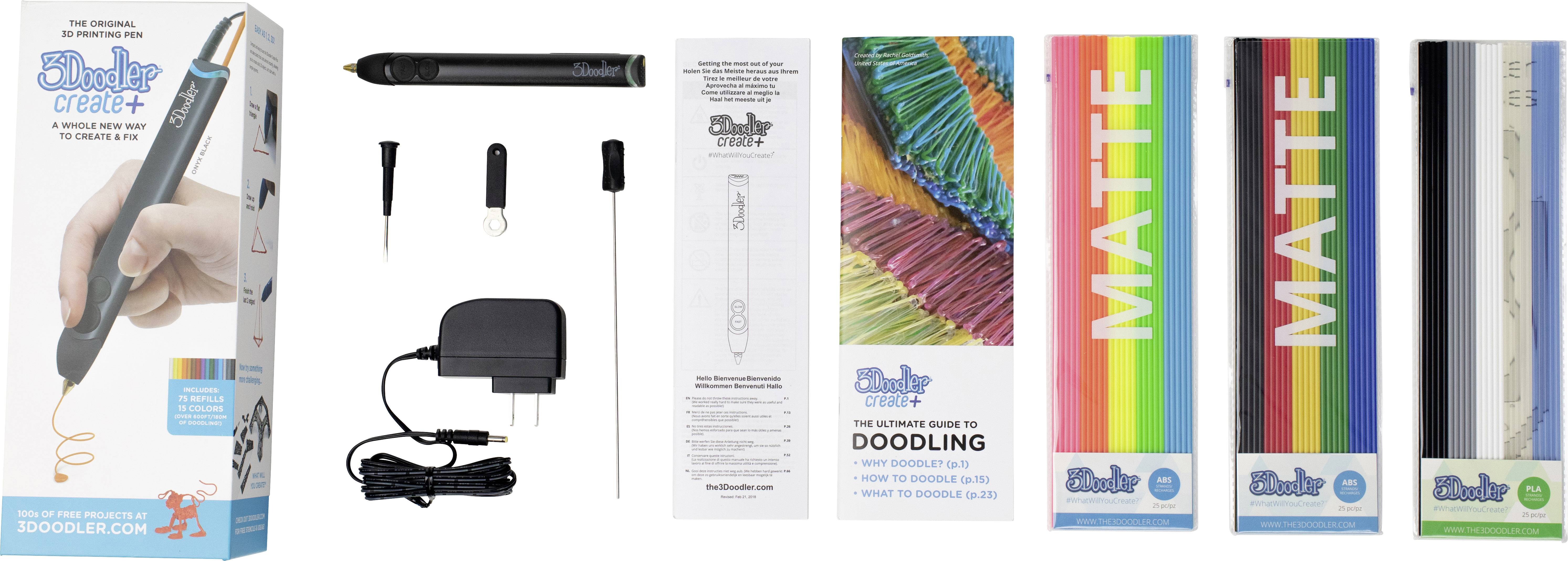 3D-Stift-Set mit Anleitungen, Zubehör und verschiedenen Farbfilamenten. Enthält Matte- und Glanzfilamente für kreative Projekte.