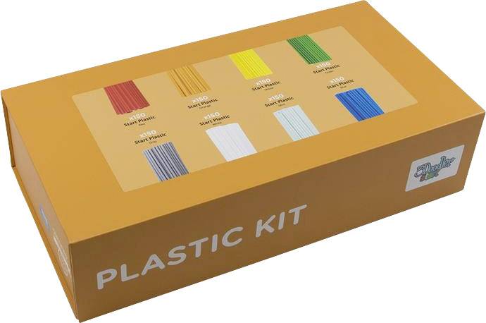 Ein orangefarbener Karton mit der Aufschrift 'Plastic Kit' zeigt sechs farbige Musterstücke: Rot, Gelb, Blau, Grün und Grau.
