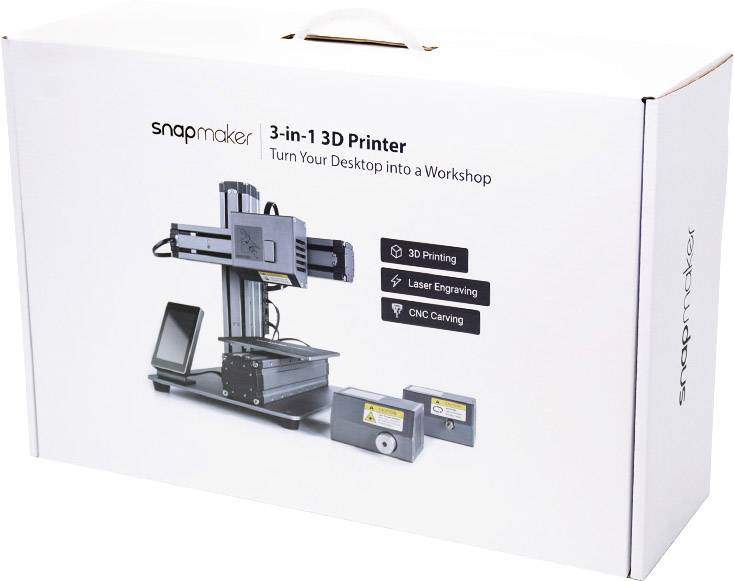 Verpackung einer 3-in-1 3D-Drucker-Maschine mit Bild des Geräts und modulen für 3D-Druck, Lasergravur und CNC-Fräsen.