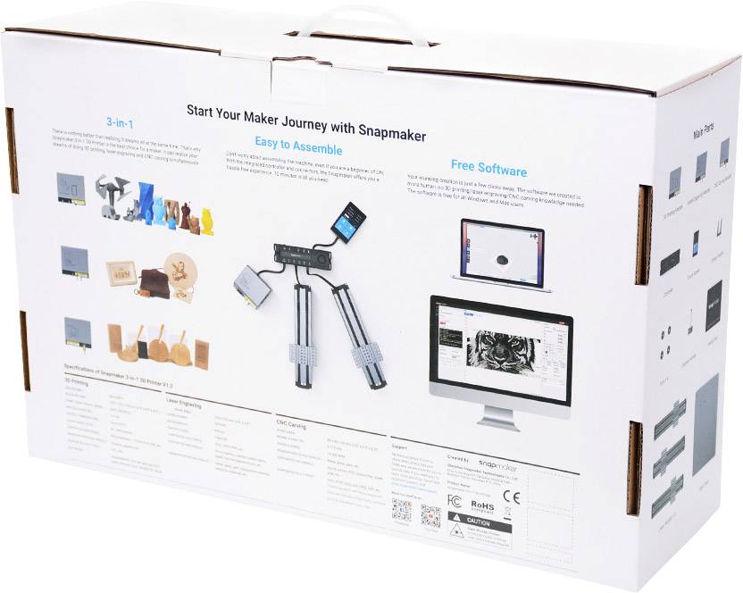 'Verpackung der Snapmaker 3-in-1-Werkzeugmaschine, zeigt Montageanleitungen und Illustrationen der Einsatzmöglichkeiten: 3D-Druck, Lasergravur, CNC-Fräsen.'