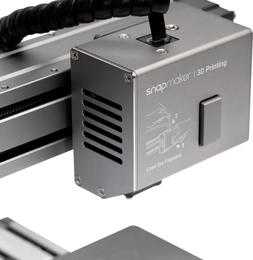 3D-Druckerkopf mit Anleitung zur Filamentladung auf Metallgehäuse.