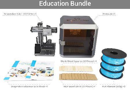 Snapmaker-Bildungsset: 3-in-1-3D-Drucker, Gehäuse, 2 Sets PLA-Filament, Lehrbuch, Holzplatten (10 Stück), MDF-Holzbogen (11 Stück).