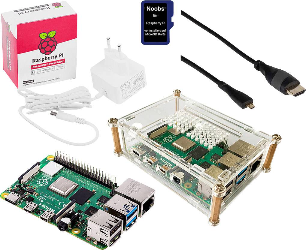 Basic Set Raspberry Pi® 4 B 8 GB 4 x 1.5 GHz inkl. Gehäuse, inkl. Netzteil, inkl. Kühlkörper, inkl. Noobs OS,