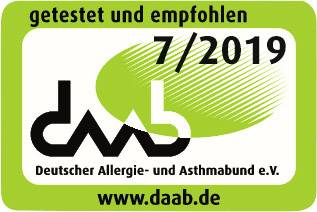 Prüfsiegel des Deutschen Allergie- und Asthmabunds e.V. mit dem Text 'getestet und empfohlen, 7/2019'. Website: www.daab.de.