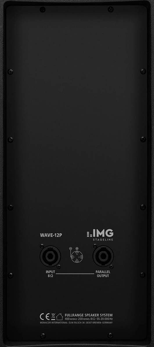 Rückansicht eines Lautsprechers mit zwei Anschlüssen: 'Input' und 'Parallel Output'. Markenname 'IMG' und Modell 'Wave-12P' sichtbar.