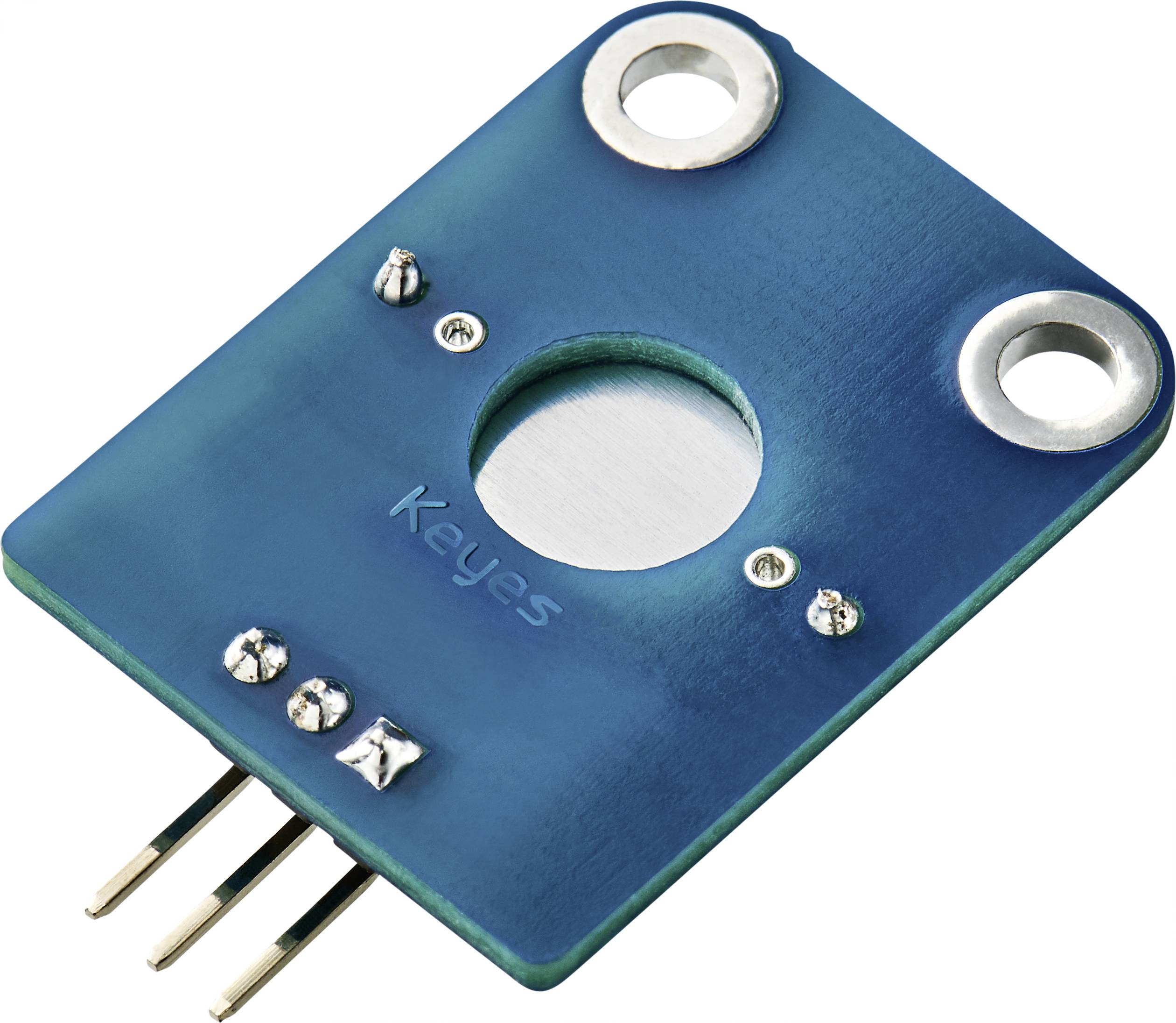 Ein rechteckiges, blaues Elektronikmodul mit drei Steckpins und drei Befestigungspunkten.