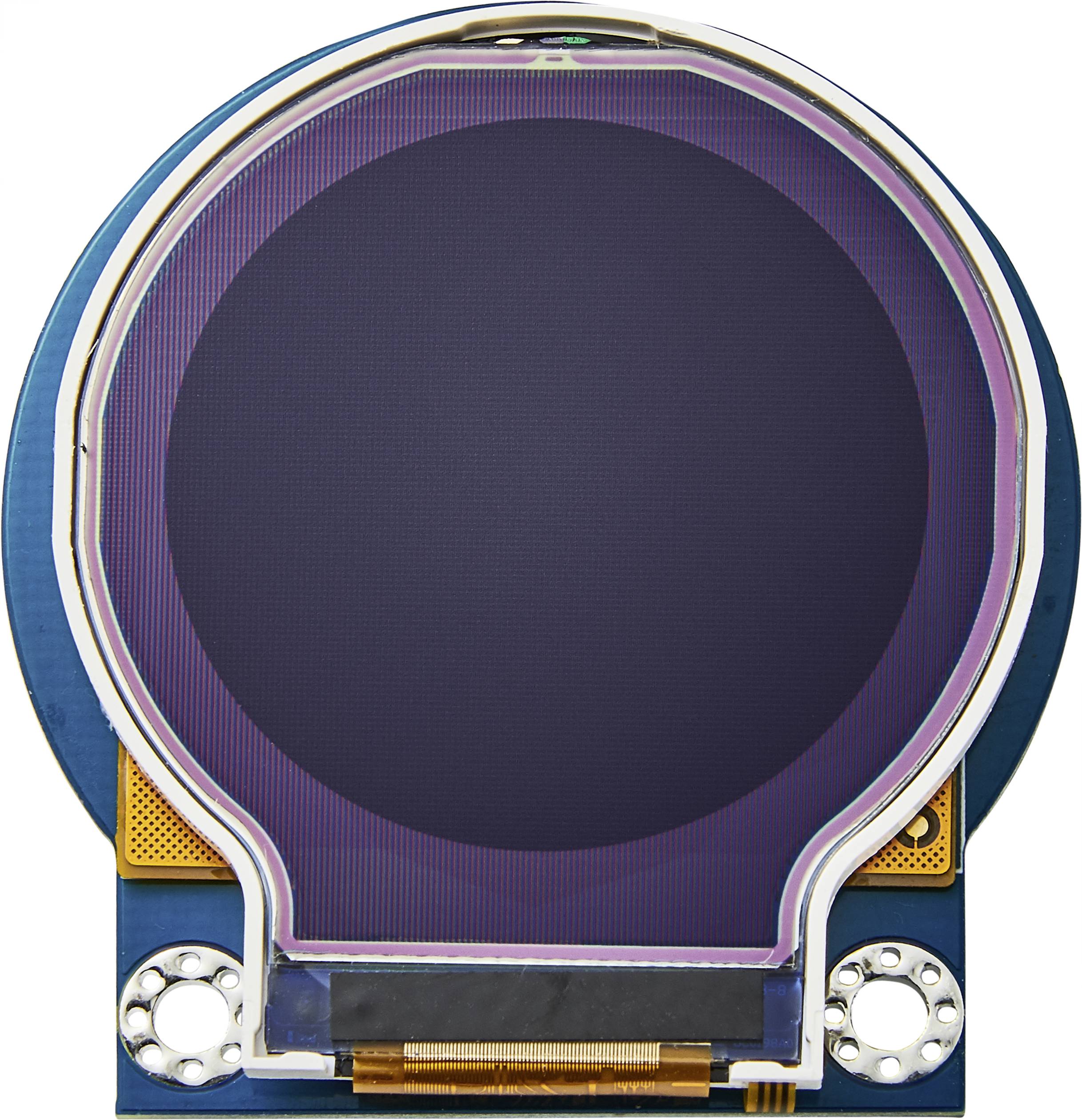 Ein rundes, elektronisches Displaymodul mit sichtbaren Kontakten am Rand vor weißem Hintergrund.