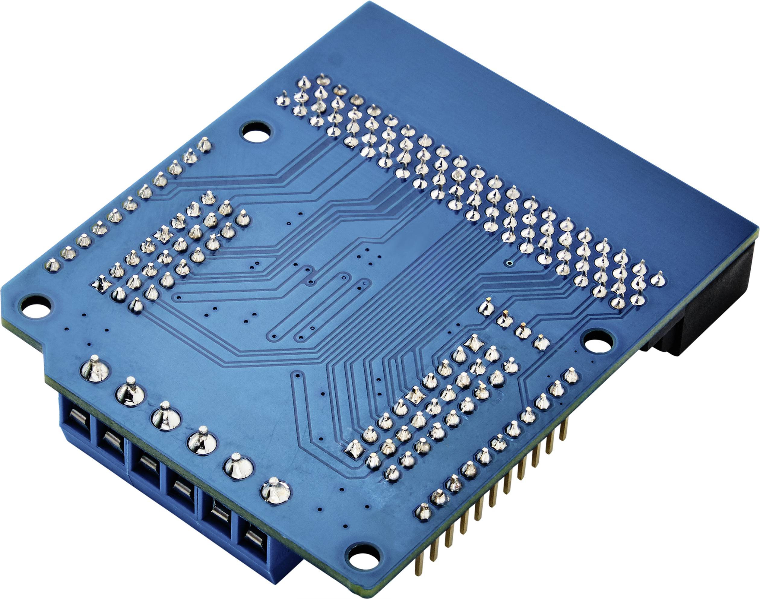 Blaues Elektronikmodul mit sichtbaren Schaltkreisen und Kontaktstiften, geeignet für Hardware-Entwicklung und Elektronikprojekte.