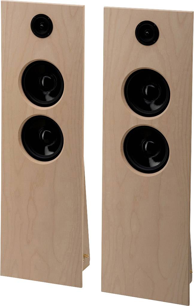 Zwei schlanke, holzfarbene Standlautsprecher mit je drei sichtbaren schwarzen Lautsprechern, die sich nebeneinander befinden.