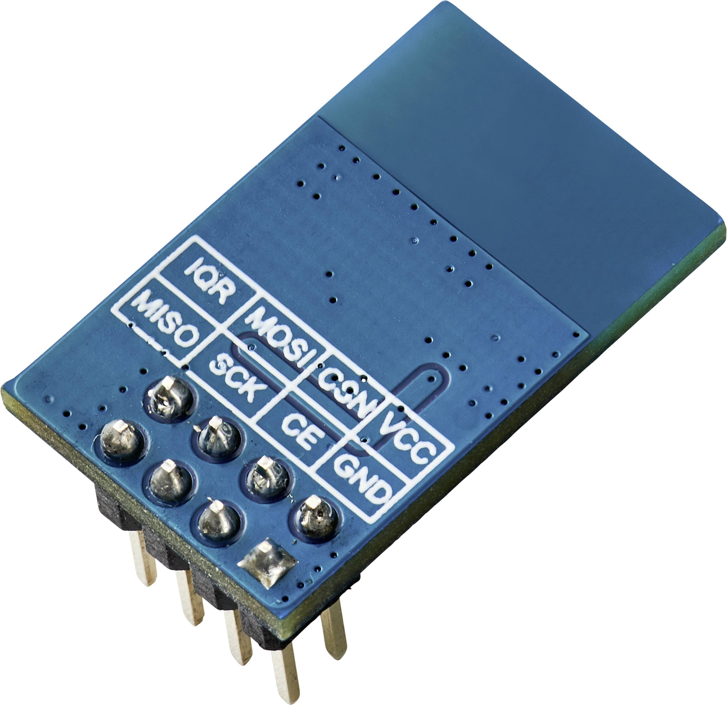 Modul mit blauer Platine und sechs Stiften, Beschriftungen 'IRQ', 'MISO', 'MOSI', 'SCK', 'CE', 'CSN', 'VCC', 'GND' sichtbar.