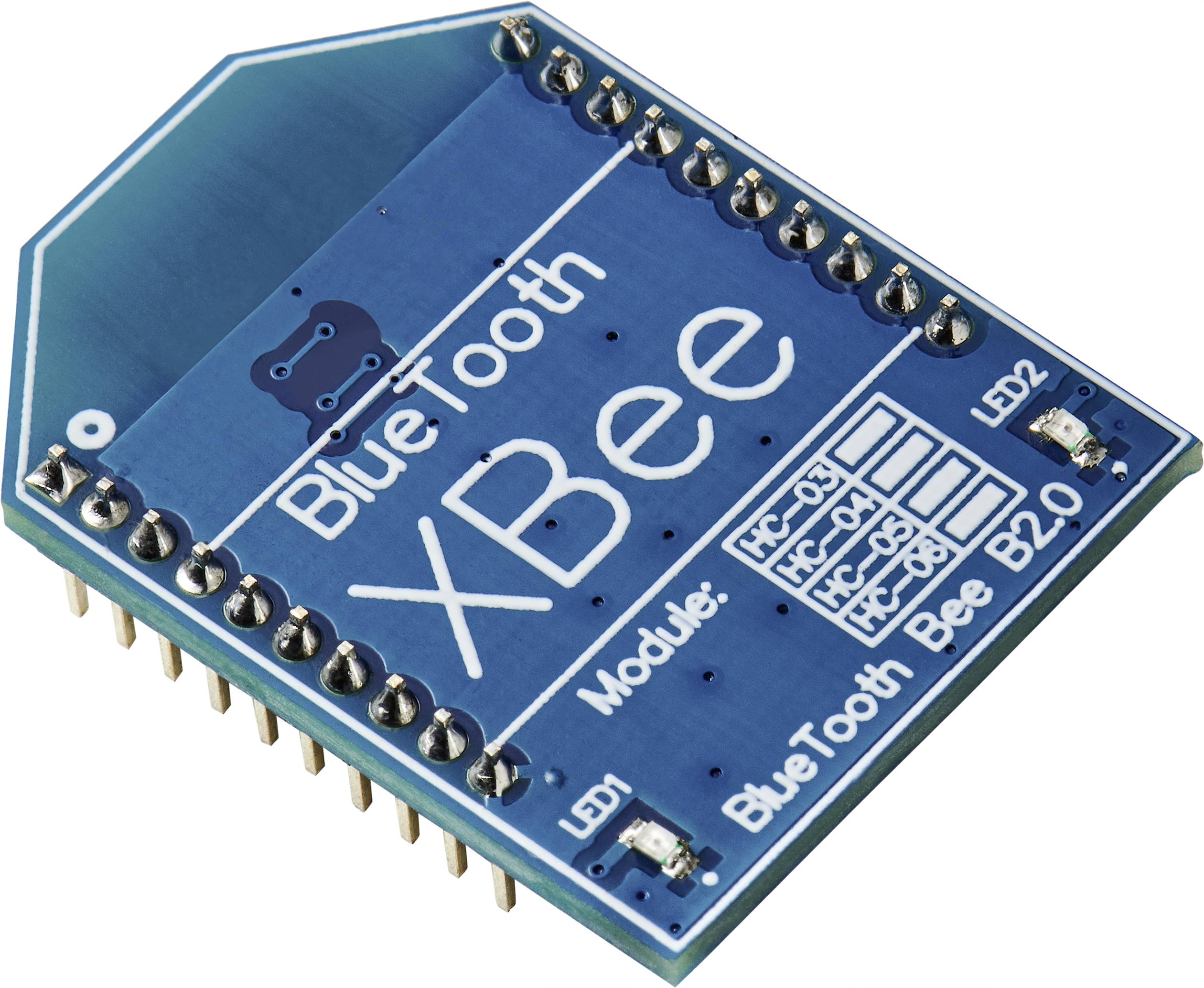Kleines rechteckiges elektronisches Modul mit blauer Oberfläche, beschriftet mit 'Bluetooth XBee', umgeben von Pins zur Verbindung.