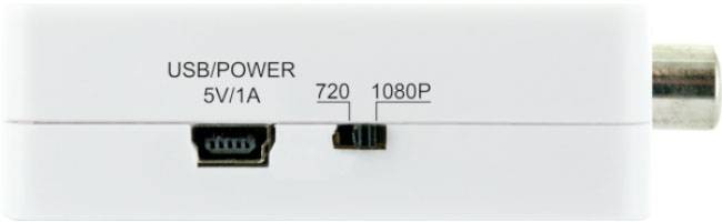 Kleines weißes elektronisches Gerät mit USB-Anschluss für Stromversorgung, Umschalter für 720p und 1080p Auflösung.