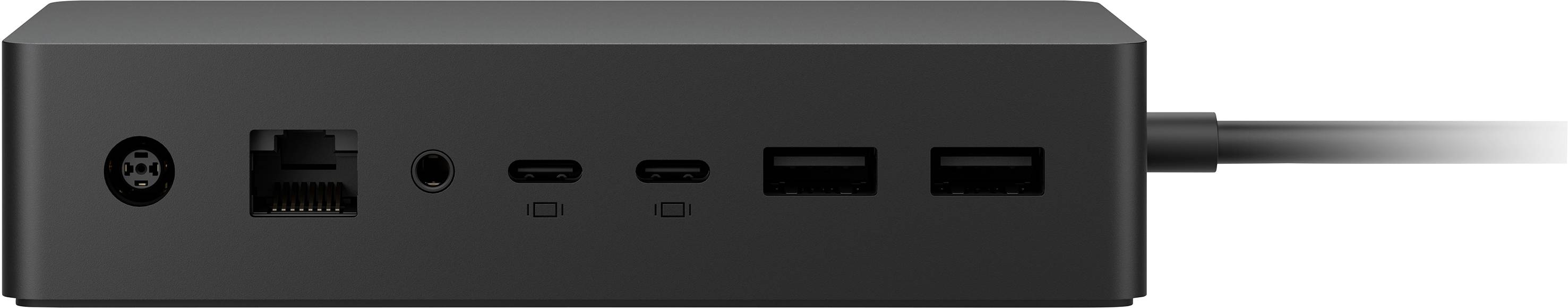 Schwarze Dockingstation mit mehreren Anschlüssen, darunter Ethernet, USB-C und USB-A, sowie einem Stromanschluss und Audiobuchse.