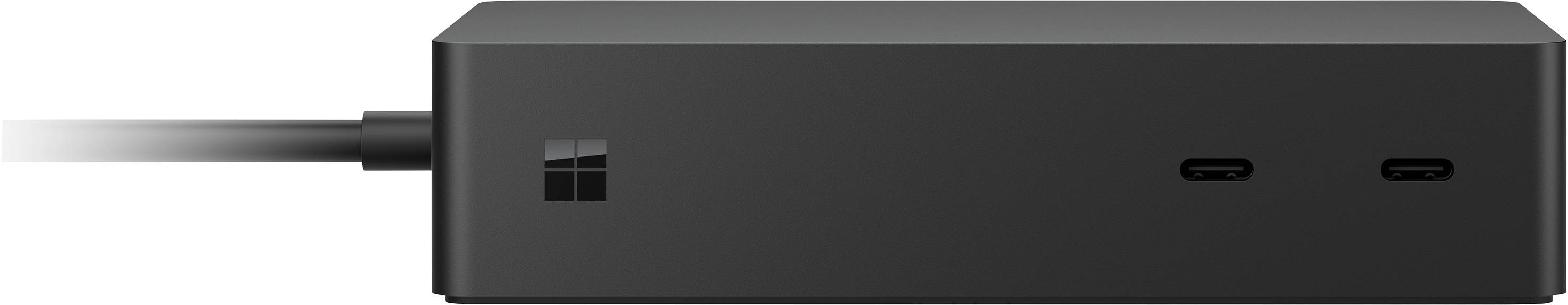 Schwarze Dockingstation mit zwei USB-C-Anschlüssen und einem Microsoft-Logo.