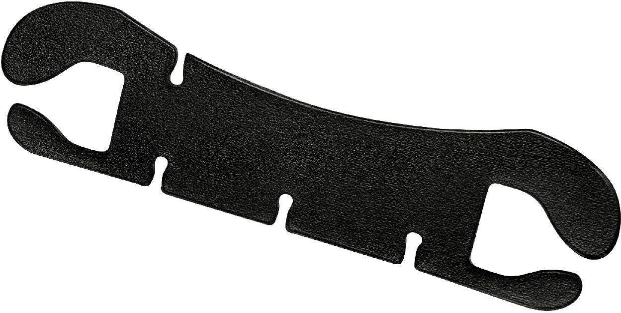 Ein schwarzes Kunststoffwerkzeug mit zwei unterschiedlichen Hakenseiten, wahrscheinlich zum Öffnen oder Halten von Gegenständen.