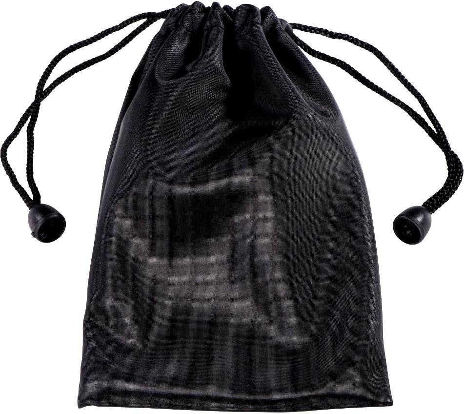 Ein schwarzer, leerer Beutel mit Zugband, geschlossen und aus glänzendem Material.