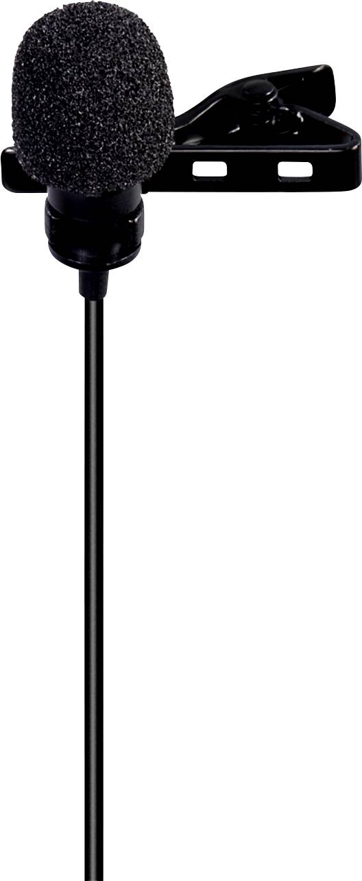 Ein schwarzes Ansteckmikrofon mit Clip und Schaumstoffabdeckung, geeignet für Interviews oder Präsentationen.