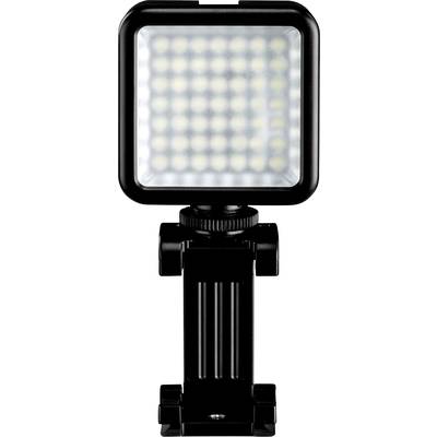 Ein kompaktes, quadratisches LED-Licht in einem schwarzen Gehäuse mit verstellbarer Halterung, für Fotografie oder Videoaufnahme.