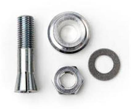 'Vier Metallelemente: Schraube, Unterlegscheibe, Mutter und Dichtung.'