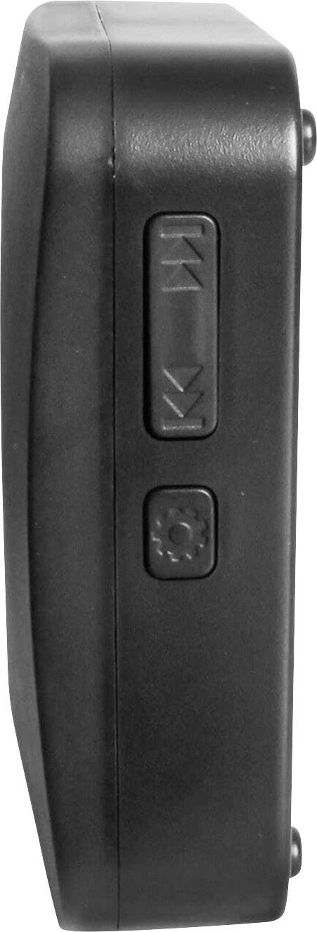 Schwarzes elektronisches Gerät mit zwei Knöpfen an der Seite, einer mit einem Dreiecksymbol und einem mit einem kreisförmigen Symbol.