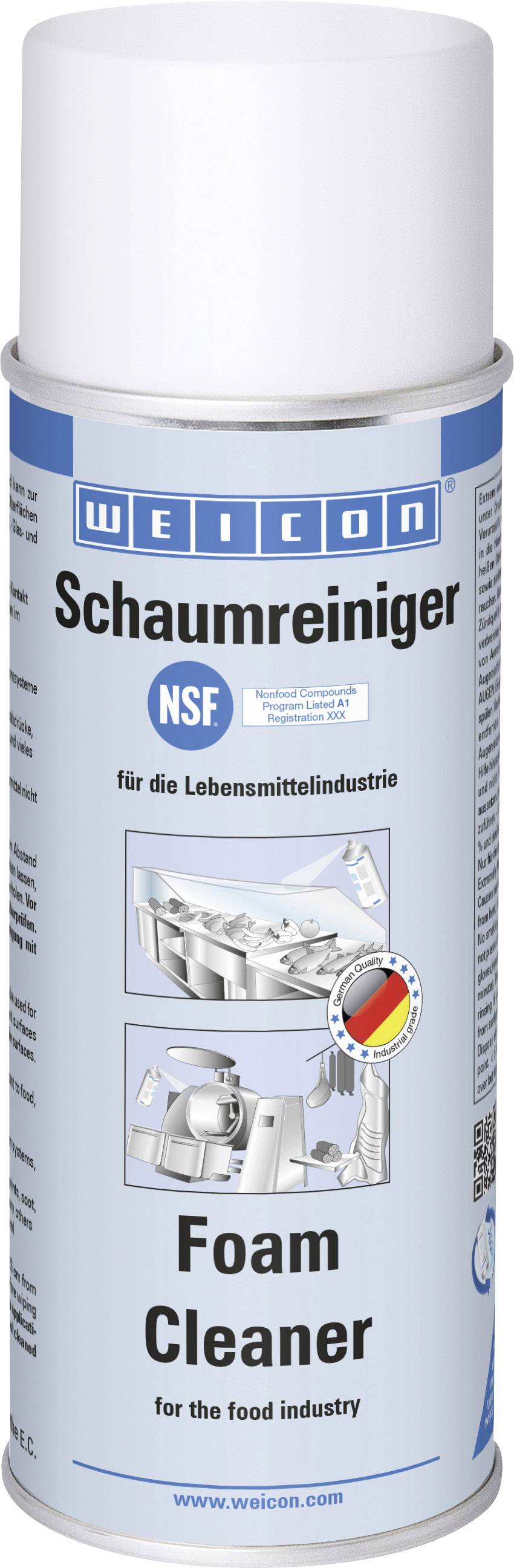 Sprühdose mit der Aufschrift 'Schaumreiniger'. Geeignet für die Lebensmittelindustrie, abgebildet mit Anwendungsbeispielen.